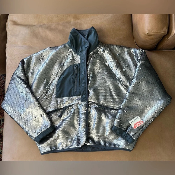 Free People Movement Hit The Slopes Sequin Jacket, Silver, X-Small, MSRP $298 - Picture 2 of 14